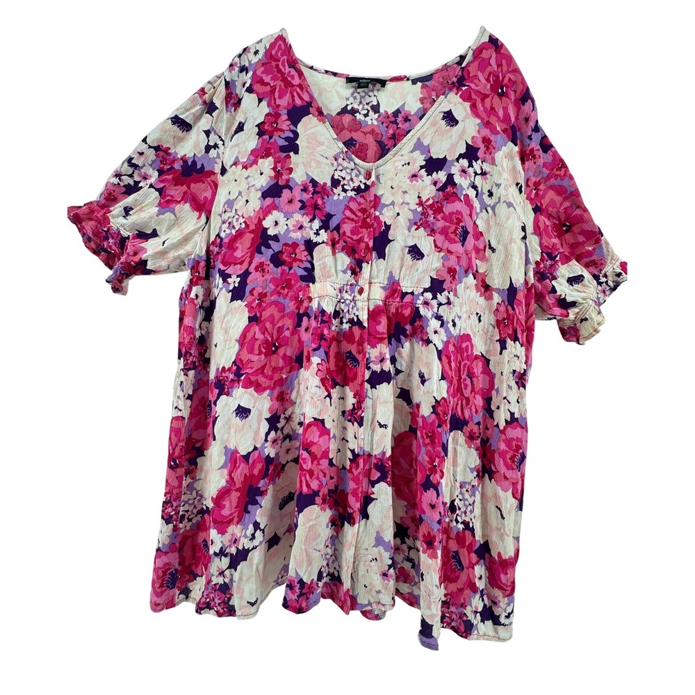 Ellos Women Pink Floral Button Front Peplum Blouse Short Sleeve Size 18/20 L